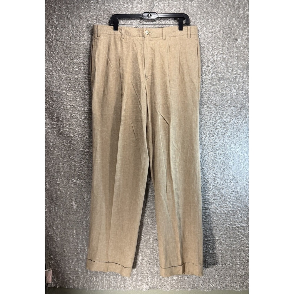 Alan Flusser Linen Blend Pleated Cuffed Pants Khaki Brown 36X32 Coastal Preppy